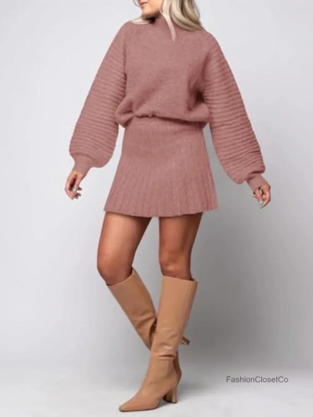 2 Piece Skirt Set Fall Fashion Mock Neck Ribbed Knit Sweater and Mini Skirt Two